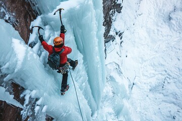 an ice climber climbing a frozen icefall with two technical piolets