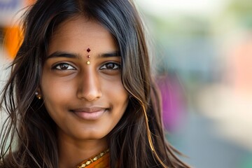 Obraz premium portrait of a young indian woman wearing traditional indian clothes smiling to camera