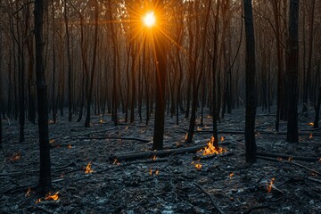 ashes of burnt forest trees at sunset
