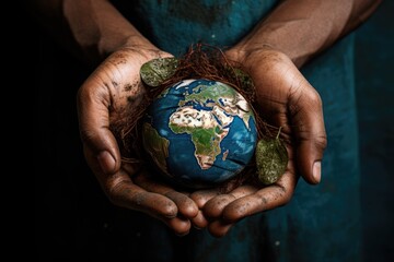 An image featuring the Earth cradled in a pair of gentle, mending hands, symbolizing the collective responsibility and care needed to repair the planet
