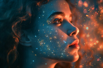 Cosmic Muse: Woman with Blue Starry Illumination