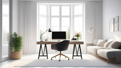 Modern interior of workplace in light colour with big window, desk, computer, and chair. 