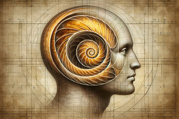 An artistic representation of a human profile with a golden nautilus shell brain, overlaid on vintage engineering blueprints.Art concept. AI generated.