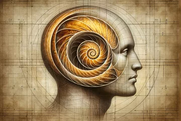 Fotobehang An artistic representation of a human profile with a golden nautilus shell brain, overlaid on vintage engineering blueprints.Art concept. AI generated. © Czintos Ödön