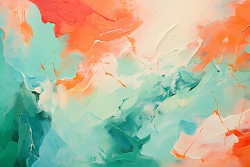 A tapestry of jade and coral brushstrokes converging, forming a dynamic and lively abstract...