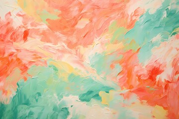 A tapestry of jade and coral brushstrokes converging, forming a dynamic and lively abstract...