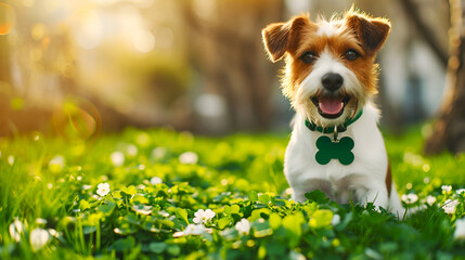 Joyful dog among clovers on St. Patrick's. Pet enjoying St. Patrick's Day outdoors. Happy dog with clover necklace in spring
