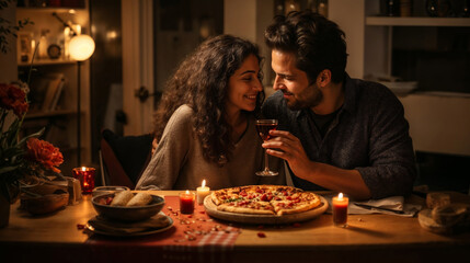 Cozy and inviting scene of a couple sharing a pizza on a romantic date night at home, the pizza...