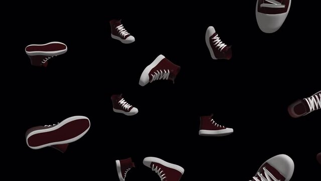 Sneakers or slippers shoes background. Falling red sneakers over alpha channel. Rain of sneakers across the screen.