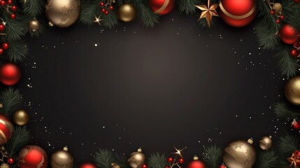 Christmas decorative frame with gold and red balls, holly berries, spruce needles and snow on black...