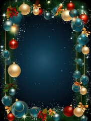 Obraz na płótnie Canvas Christmas decorative frame with gold, red and blue balls, holly berries, spruce needles, snowflakes, glitters on blue background, vertical image, copy space.