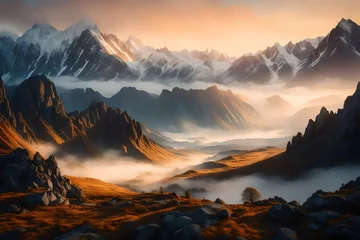 Papier Peint photo Matin avec brouillard sunrise in the mountains