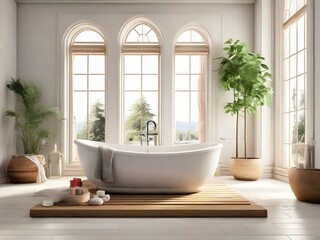 Fototapeta na wymiar Modernes großzügiges Badezimmer mit Badewanne in einem Schloss mit fantastischem Ausblick