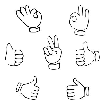 Set of hand gestures showing positive emotions: V sign for victory or peace, hand showing ok, thumb up, like. Hand drawn vector doodles in line style, sketch style.
