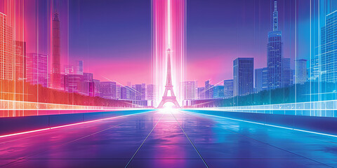 Fototapeta na wymiar light bright saturated nona modern abstract illusstration with free space for text Dive into the Paris 2024 experience with a futuristic visual marvel. Iconic Parisian landmarks blend harmoniously wit