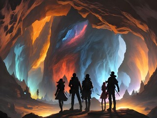 Illustration eine Gruppe von Abenteurern in einer geheimnisvoll beleuchteten Höhle - obrazy, fototapety, plakaty
