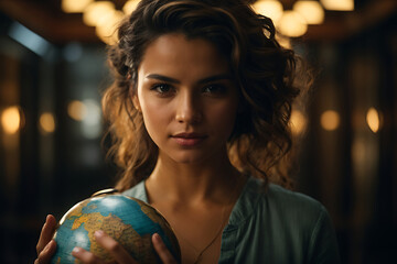 Naklejka premium A woman holding globe of earth to show woman empowerment