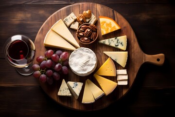 A tray of artisanal cheeses and wine glasses on a textured wooden background, setting the stage for a sophisticated evening. Minimal background. Flat lay, top view, copy space.