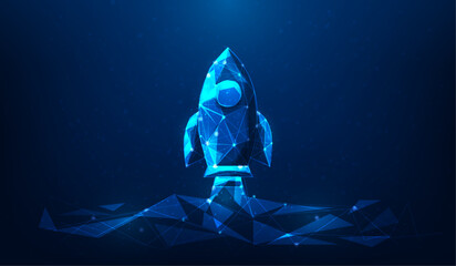 rocket launch business start up technology low poly wireframe on blue background.  new business growth success. leadership strategy achievement. vector illustration hi-tech design.