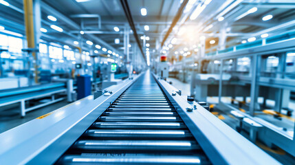 Automated factory production: An automated factory production line with machinery and conveyor belts, symbolizing modern manufacturing