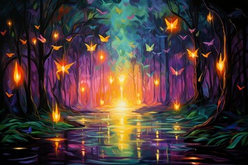 Fototapeta premium Luminescent spirit fireflies in Fantasy - Generative AI