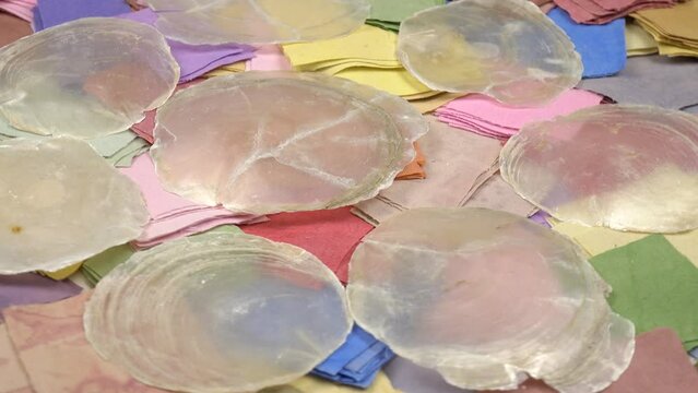 Natural raw transparent sea shells placuna placenta lie on multicolored fabrics for patchwork, background