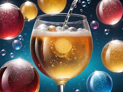 Sparkling beverage being poured into a glass, surrounded by colorful bubbles. Generative AI.