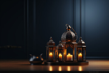 Lantern on wooden table with bokeh background. Ramadan Kareem concept
