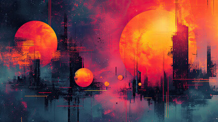 Obraz premium Futuristic city silhouette with two suns in a crimson sky.