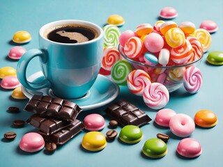 Fototapeta na wymiar Coffee cup, candies, and chocolates on a blue background. Generative AI.