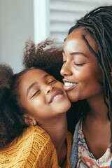 Close up of beautiful daughter kissing mother on cheek at home African little girl giving