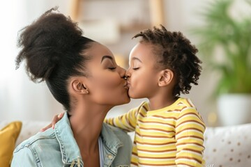 Close up of beautiful daughter kissing mother on cheek at home African little girl giving - obrazy, fototapety, plakaty