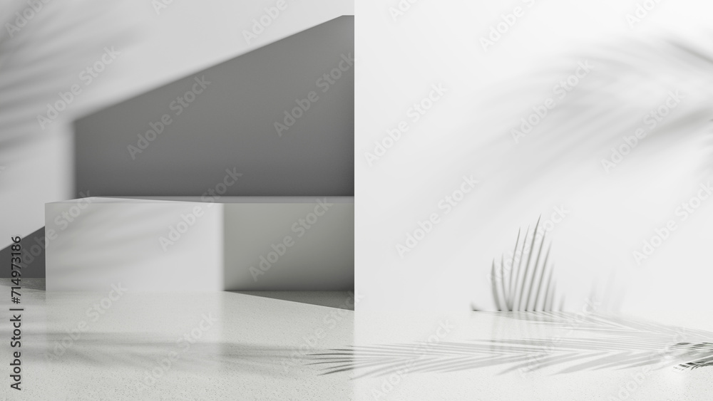 Aufkleber Empty white abstract studio room with empty copy space and empty wall, abstract white empty place with palm shadows and light, empty product display and placement place with white empty walls forms