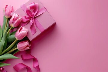 Mother's Day concept Top view photo of stylish pink giftbox with ribbon bow and bouquet of tulips