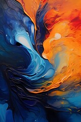 A vibrant explosion of indigo and fiery orange, resembling a liquid firework frozen in time, radiating energy and vibrancy in a vivid 3D abstract spectacle.