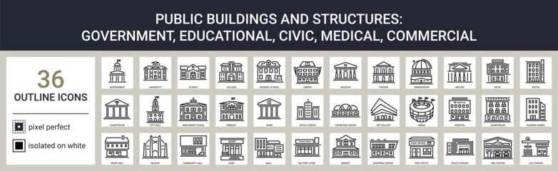 Public buildings icon set in outline style  - obrazy, fototapety, plakaty