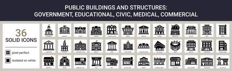 Naklejka premium Public buildings icon set in solid style