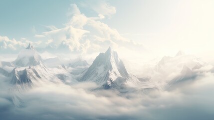 Panoramic view of a mountain range with peaks in monochrome. Foggy and overcast. Illustration for cover, card, postcard, interior design, banner, poster, brochure or presentation. - obrazy, fototapety, plakaty