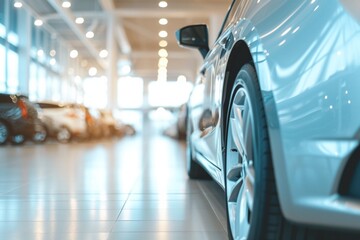 Blurred car parked in luxury showroom. Car dealership office. New car parked in modern showroom. Automobile leasing and insurance background. Auto leasing business. Electric vehicle. Reception area.