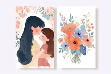 Set of Mothers Day card with cute trendy watercolor illustrations of mom and daughter bouquet