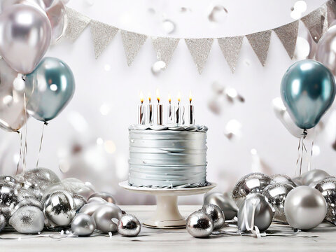 Birthday party decoration with silver balloons, silver cake with candles in the middle on white background