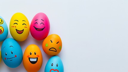 Colorful eggs with drawn faces on a white background with a blue edge.