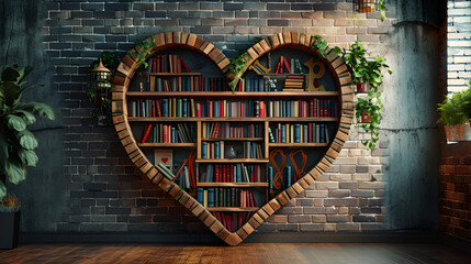 Education Day, Book Day, a bookcase shaped like a Heart in a brick wall, in the style of digital, study, Library, Generative Ai