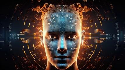 Abstract digital human head constructed from electrical circuits, Artificial intelligence avatar, sentient beeing in cyberspace