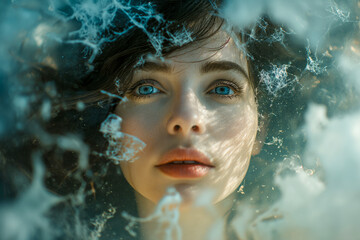 Dreamlike Portrait of a Woman with Icy Blue Eyes