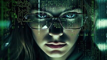 Close up image of computer programming code reflecting on developer woman's glasses