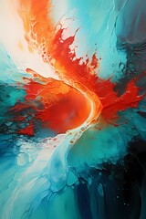 A vibrant explosion of turquoise and fiery red, resembling a liquid firework frozen in time, radiating energy and vibrancy in a vivid 3D abstract spectacle.