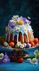 Easter kulich vibrant and richly colored, beautifully decorated and placed against a contrasting background with spring flowers, with copy space