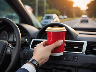 Driver hand holding a red coffee cup inside a car. Generative AI