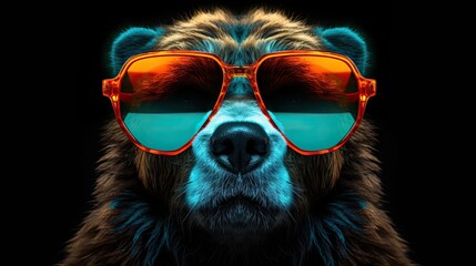 Close-up portrait of a bear wearing glasses. Digital art of a multi-colored grizzly bear. Illustration for cover, card, postcard, interior design, decor or print. - obrazy, fototapety, plakaty